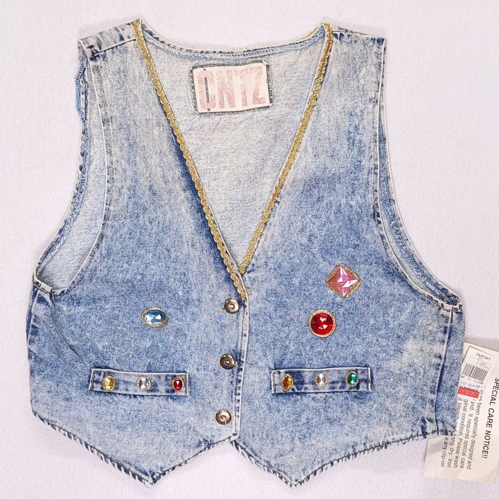 Vintage‎ Centz Acid Wash Denim Rhinestone Cropped Vest Gold Trim USA Made L